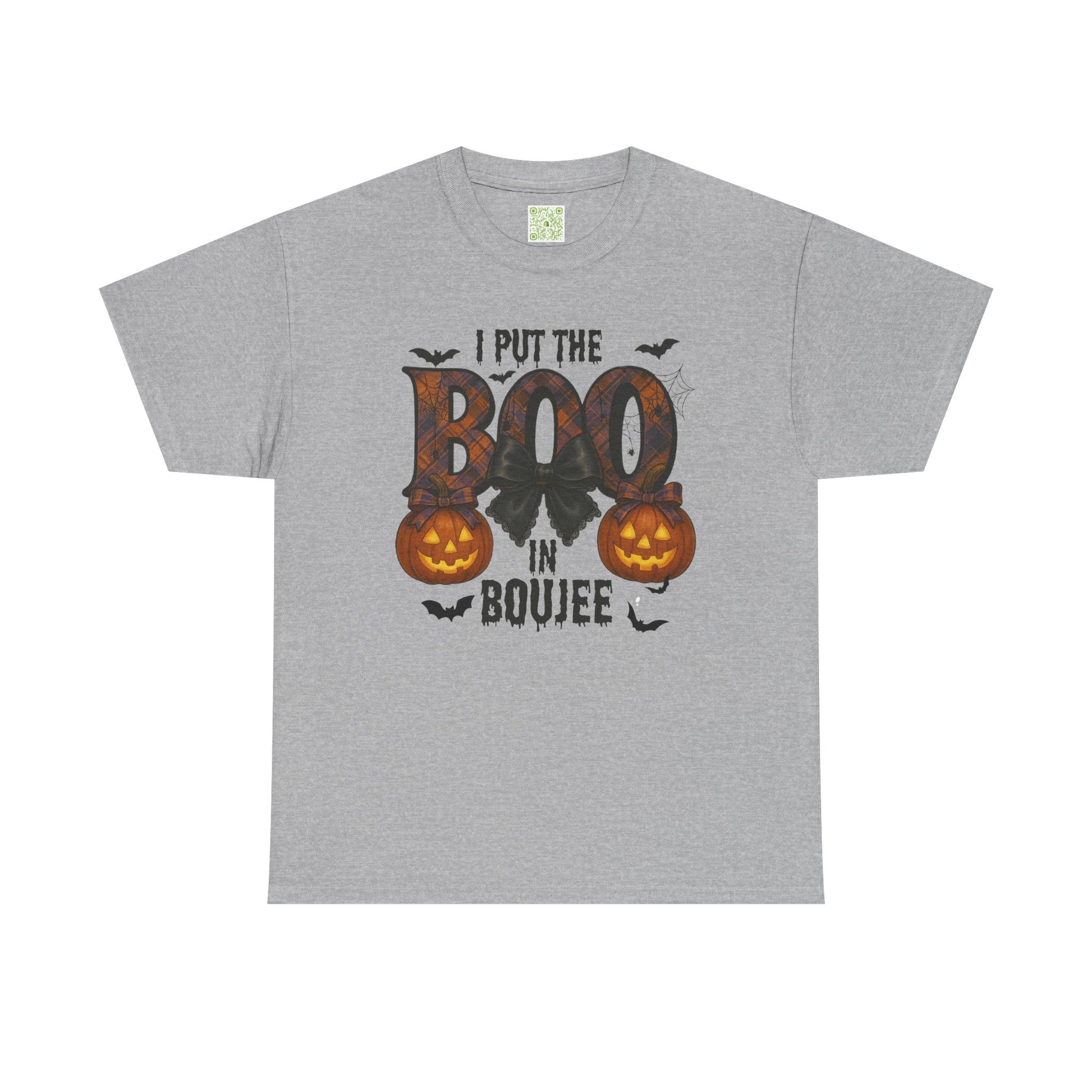 'Boo in Boujee' Halloween shirt in Texas Orange, showcasing a spooky graphic design and relaxed fit.