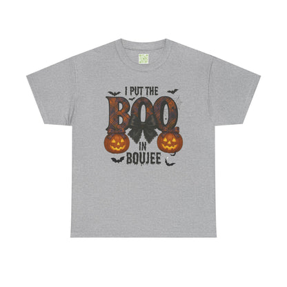 'Boo in Boujee' Halloween shirt in Texas Orange, showcasing a spooky graphic design and relaxed fit.