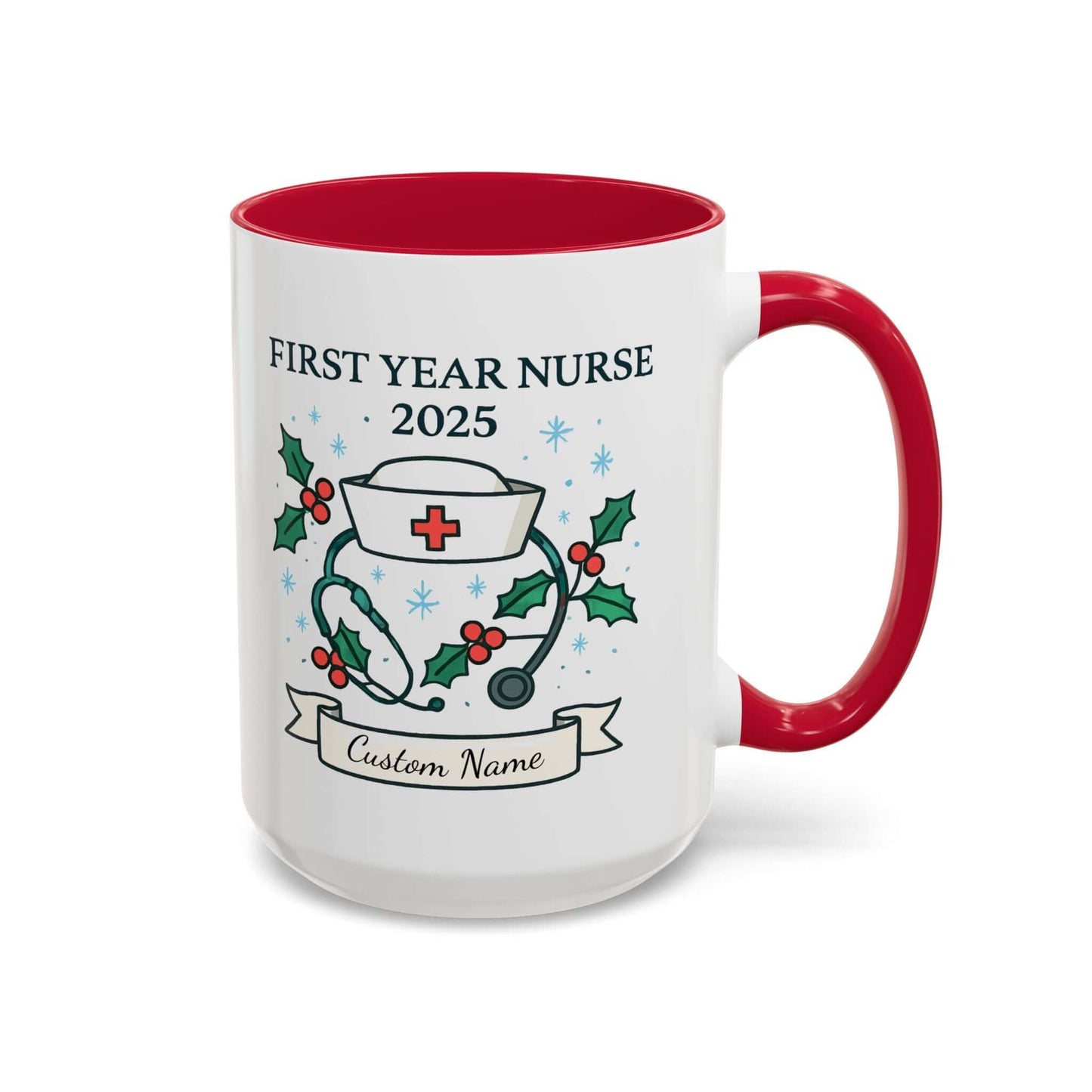 Personalized first year nurse mug with festive design and customizable name for 2025 graduation.