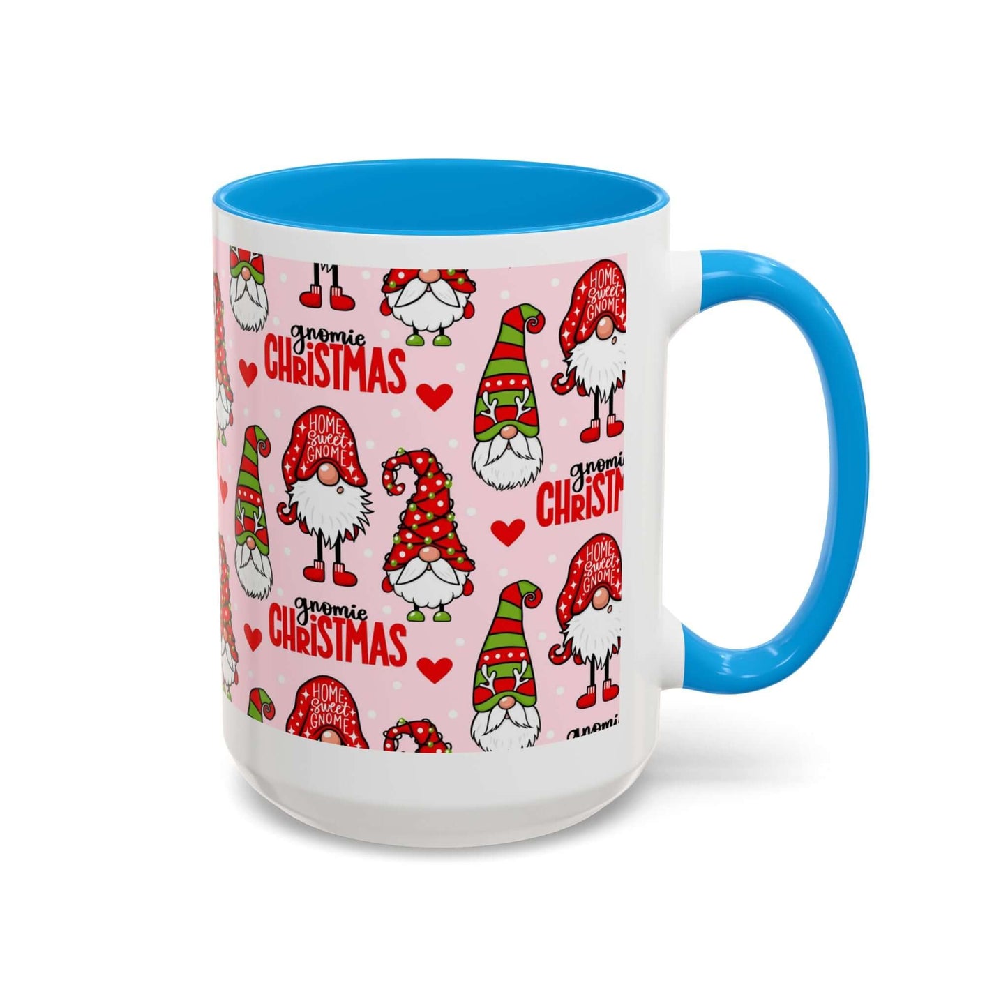Festive Christmas gnome coffee mug with pink background and blue handle, featuring adorable gnome designs and holiday motifs.