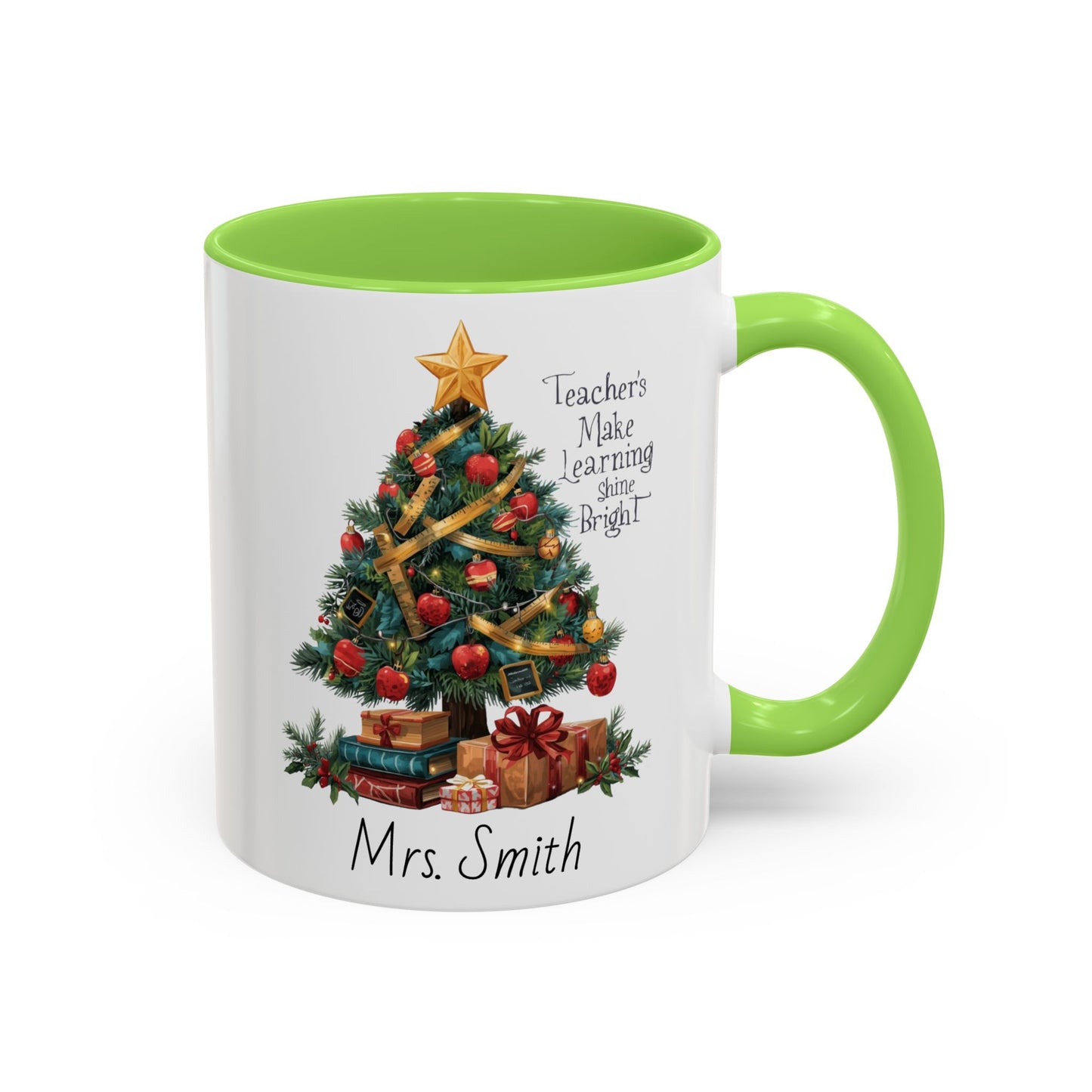 Personalized Christmas teacher mug with festive tree design, custom name, red handle, perfect holiday gift.