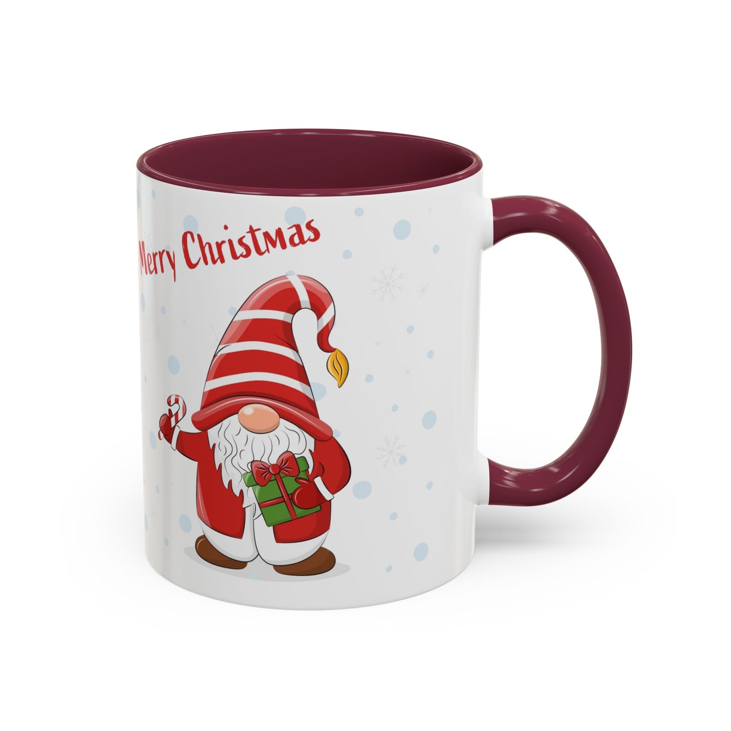 Merry Christmas gnome mug with candy cane and gift design, perfect for holiday beverages.