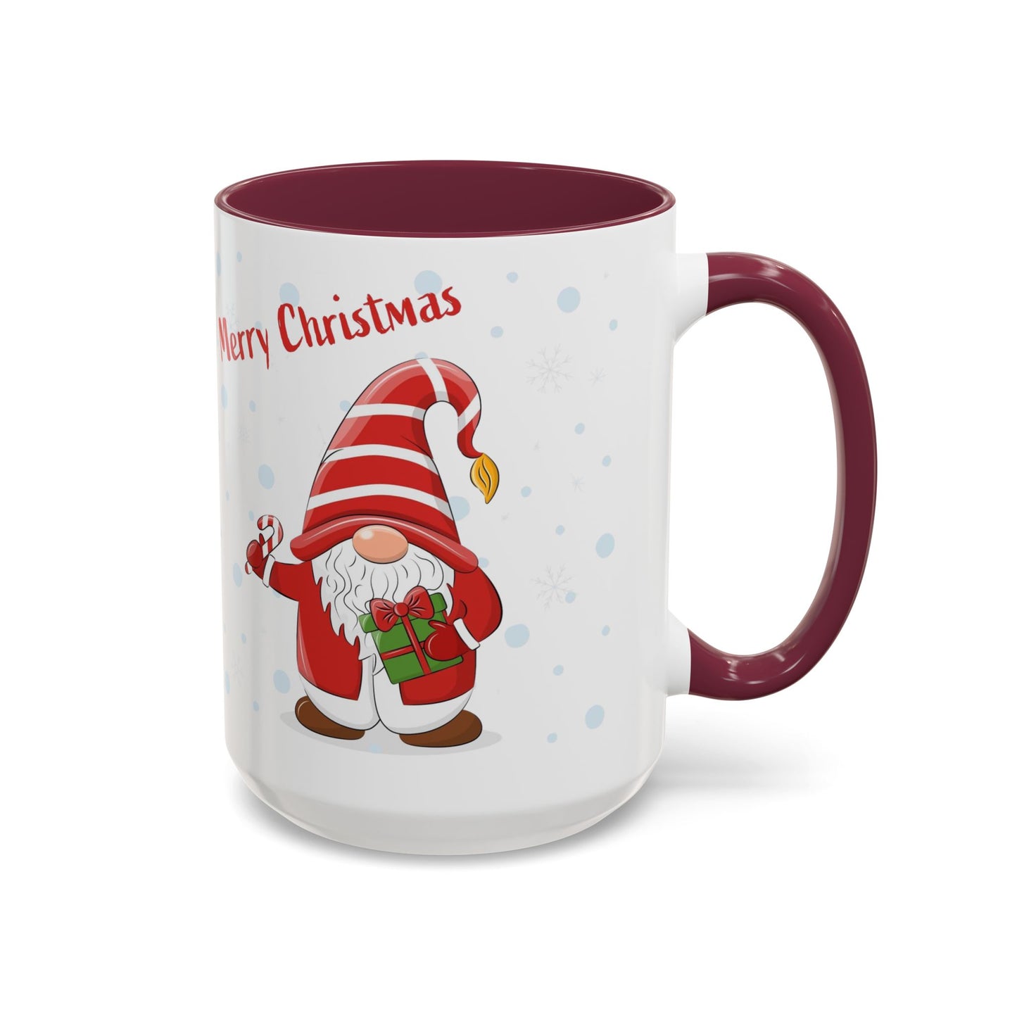 Merry Christmas gnome mug with candy cane and gift design, perfect for holiday beverages.
