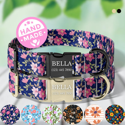 Personalized Floral Dog Collar dark floral Custom Name Adjustable Quick Release Durable Pet Collar RET-608-01
