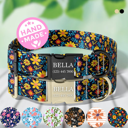 Personalized Floral Dog Collar bright floral Custom Name Adjustable Quick Release Durable Pet Collar RET-608-06