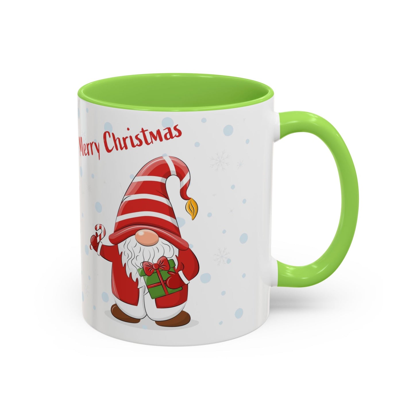 Merry Christmas gnome mug with candy cane and gift design, perfect for holiday beverages.