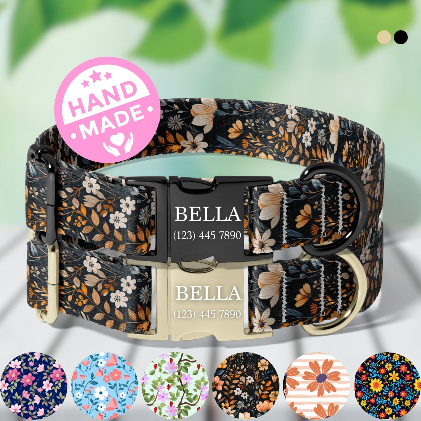 Personalized Floral Dog Collar retro daisy Custom Name Adjustable Quick Release Durable Pet Collar RET-608-04