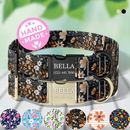 Personalized Floral Dog Collar retro daisy Custom Name Adjustable Quick Release Durable Pet Collar RET-608-04