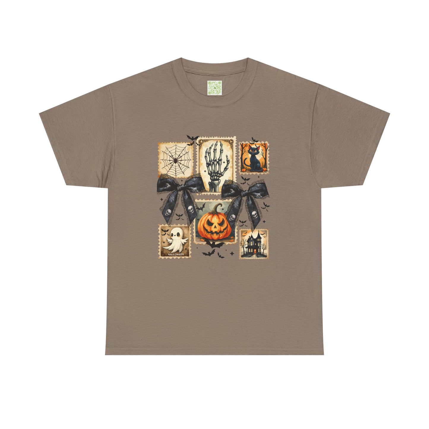 Halloween themed shirt featuring playful pumpkin, skeleton, ghosts, and spider prints on a brown background.