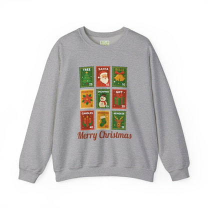 Postage stamp Christmas sweater in forest green featuring holiday designs and 'Merry Christmas' text