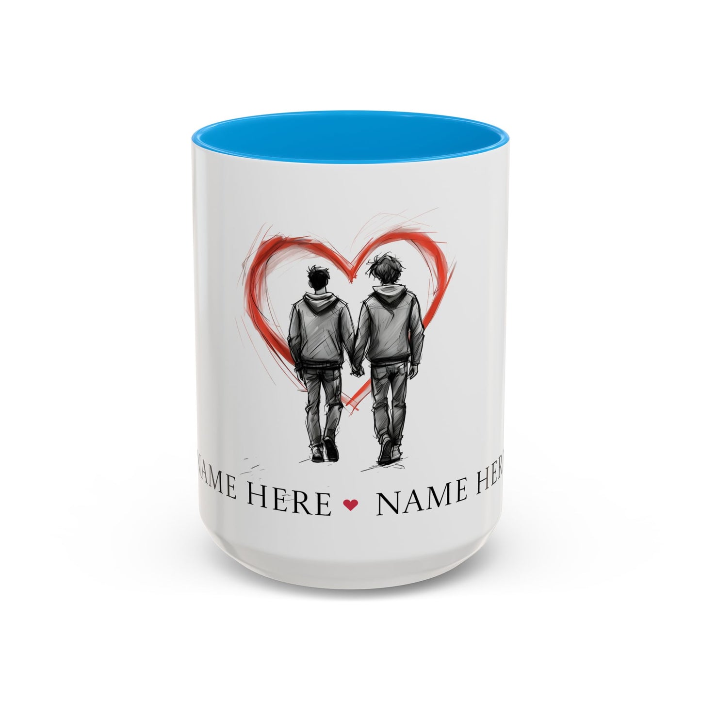 Personalized gay couple coffee mug with names, heart design, perfect for anniversaries and weddings.