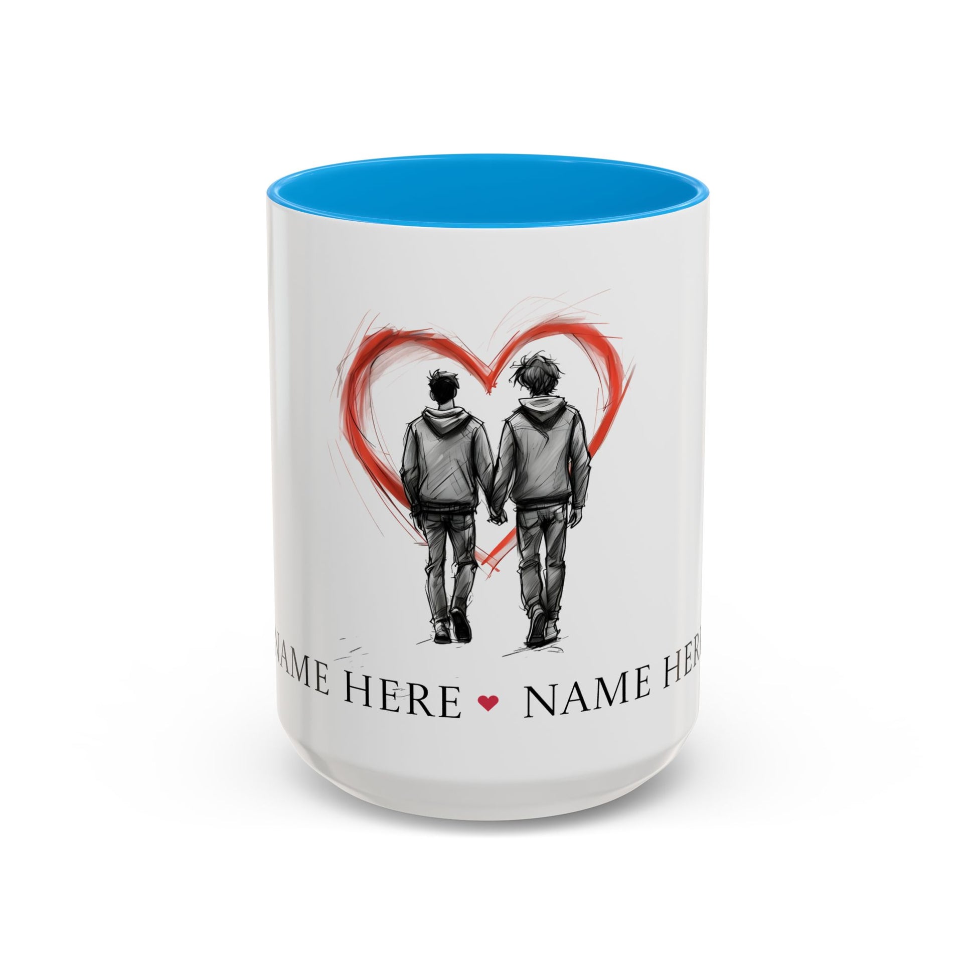 Personalized gay couple coffee mug with names, heart design, perfect for anniversaries and weddings.