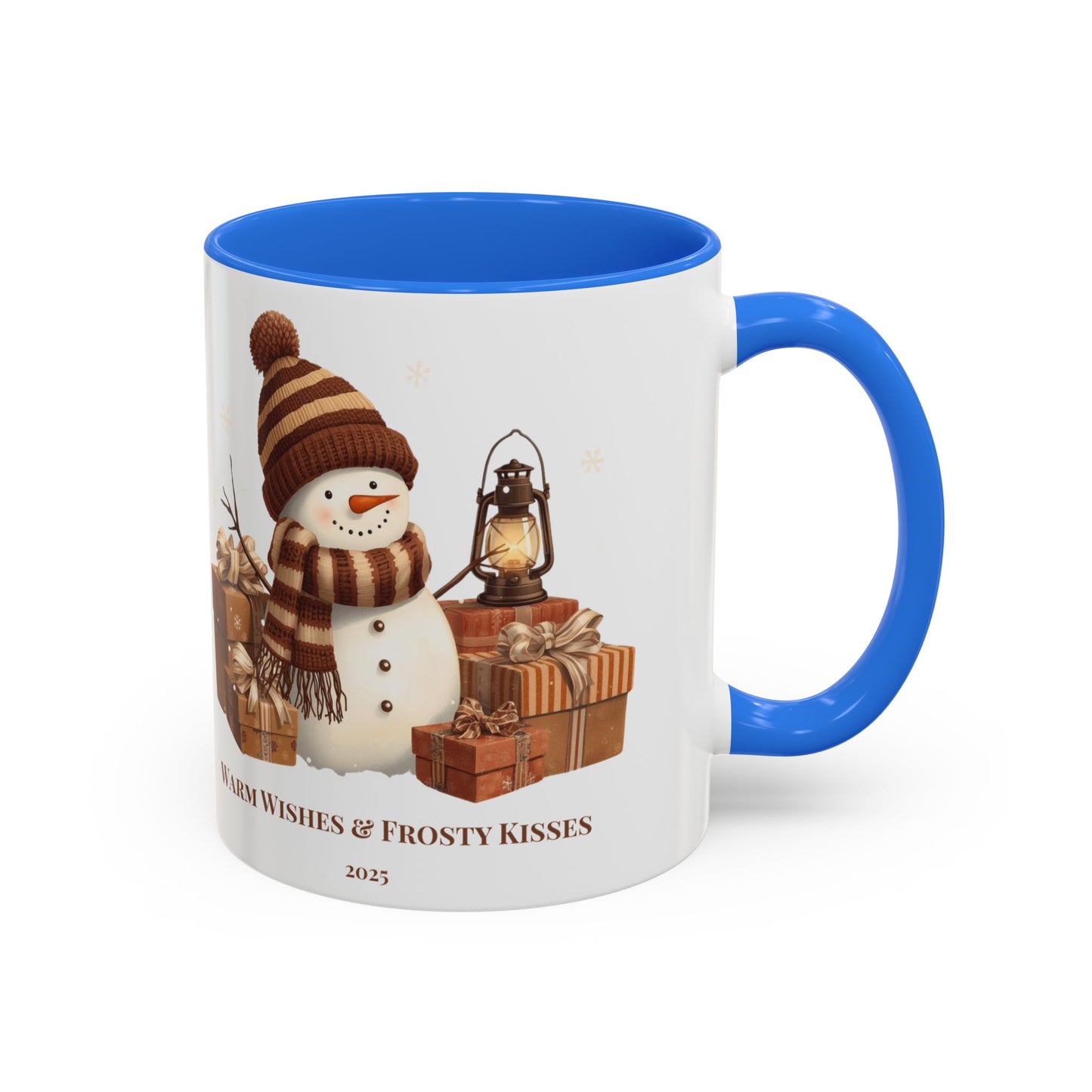 Snowman coffee mug featuring a festive design with gifts and the message 'Warm Wishes & Frosty Kisses'