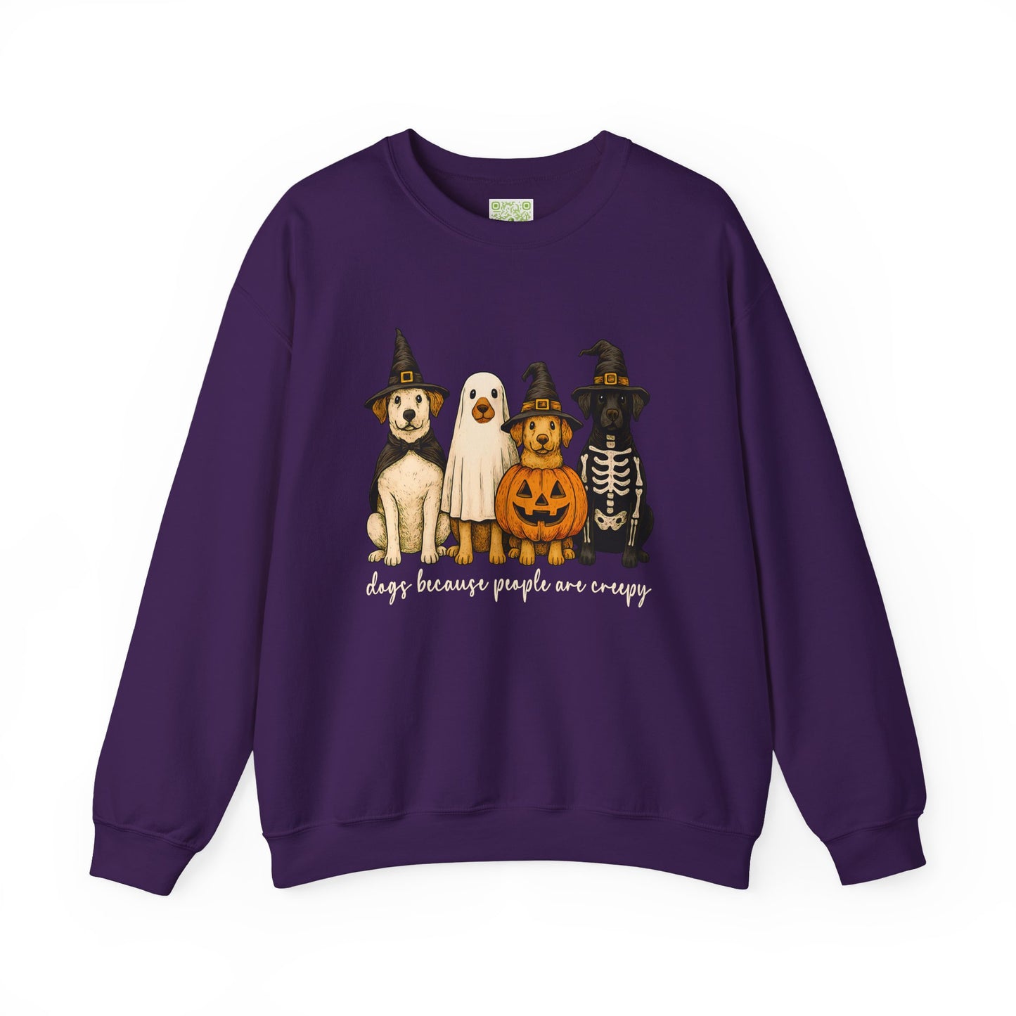 sweatshirt featuring cute dogs in Halloween costumes with text 'dogs because people are creepy'.