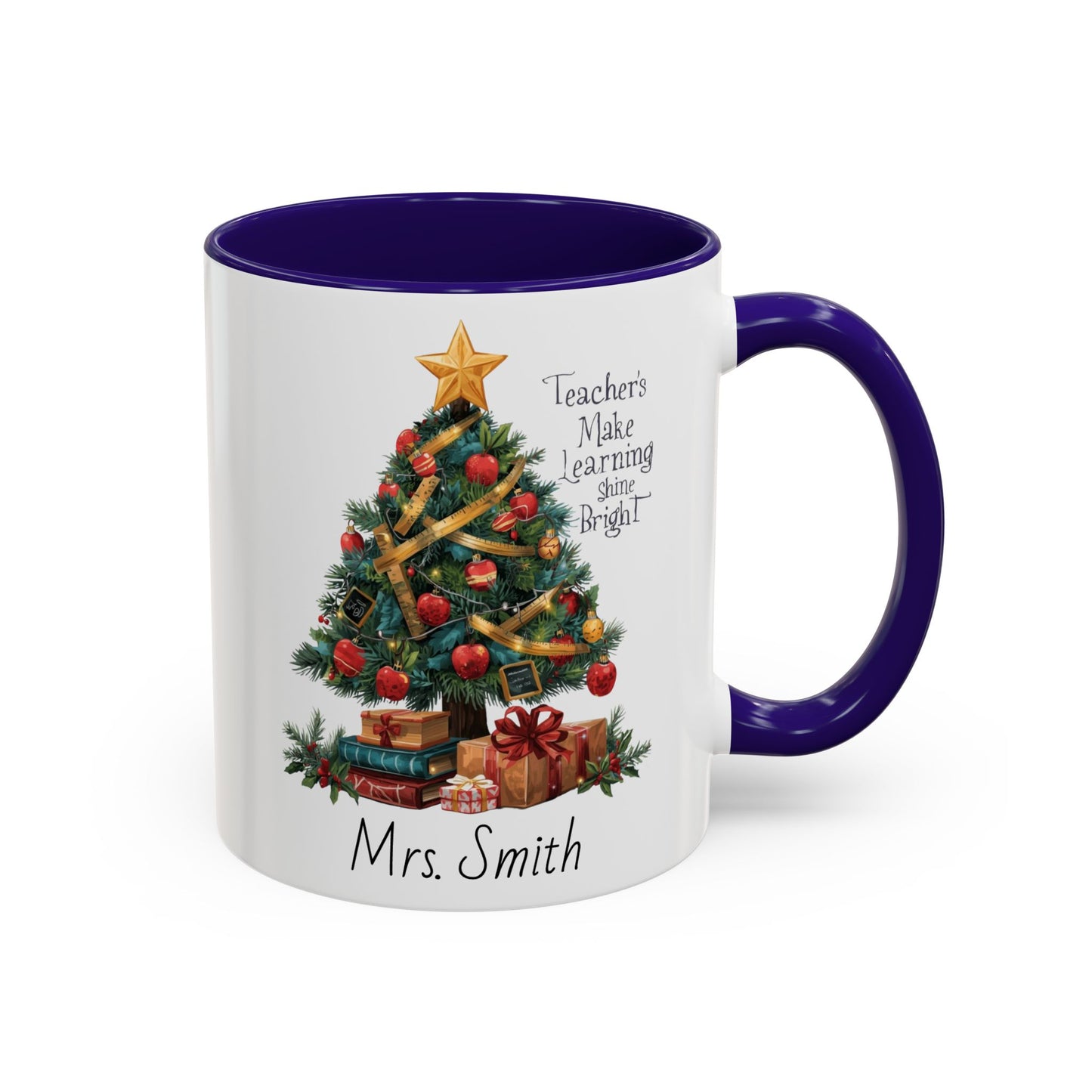 Personalized Christmas teacher mug with festive tree design, custom name, red handle, perfect holiday gift.