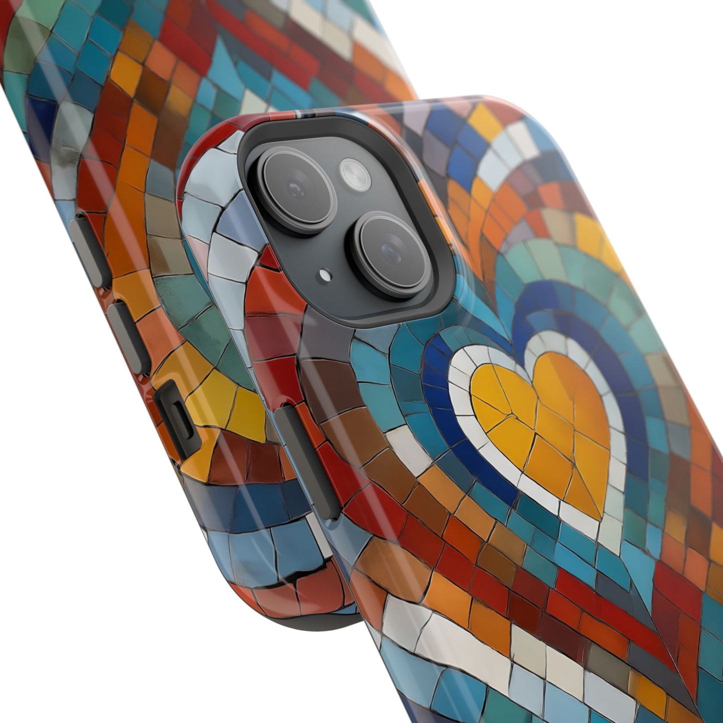 Magnetic Heart Mosaic iPhone Case, Faux Stained Glass, Trendy Phone Cover, Artistic Phone Case, Wireless Charging