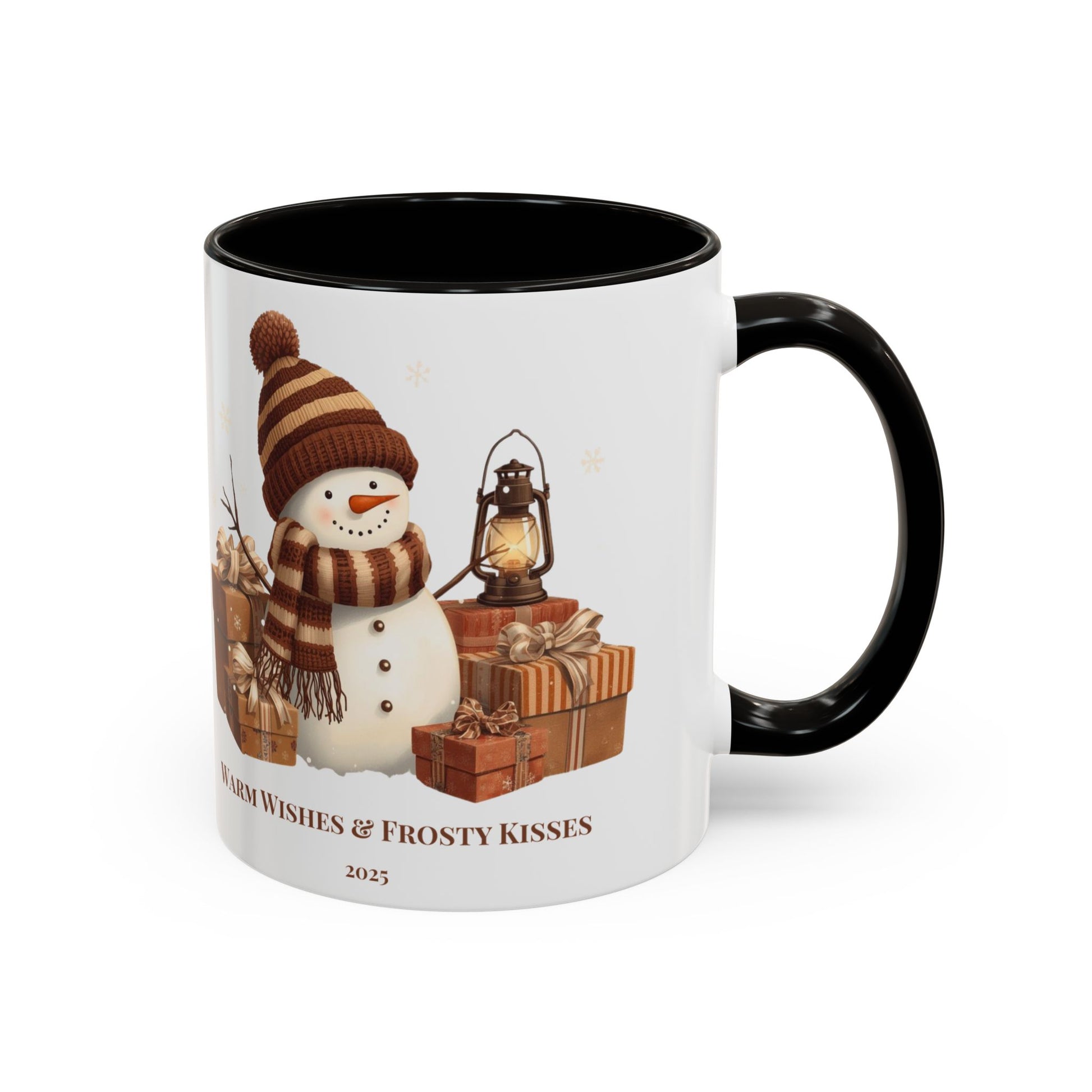 Snowman coffee mug featuring a festive design with gifts and the message 'Warm Wishes & Frosty Kisses'