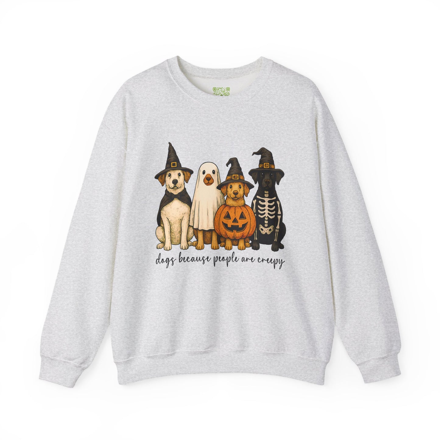 sweatshirt featuring cute dogs in Halloween costumes with text 'dogs because people are creepy'.