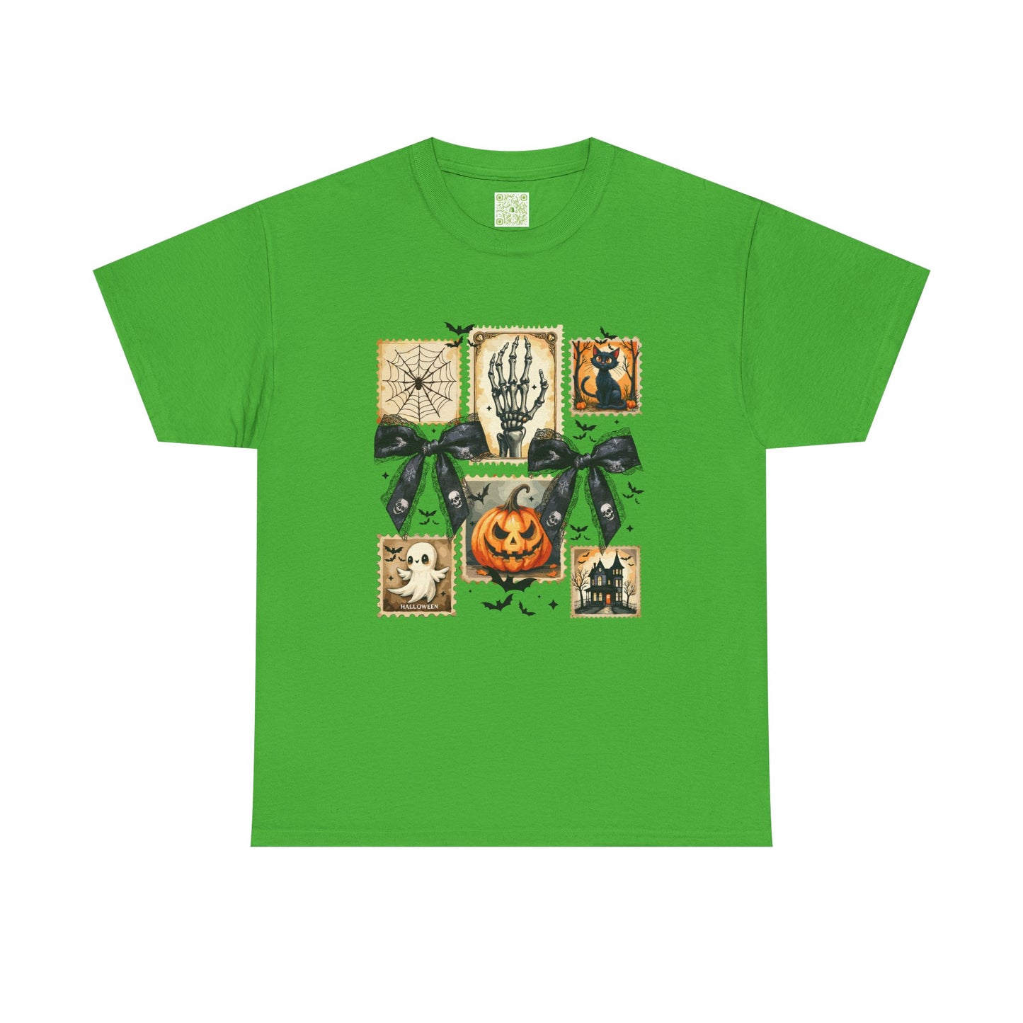 Halloween themed green shirt featuring pumpkin, skeleton, and ghost prints for a festive fall look.