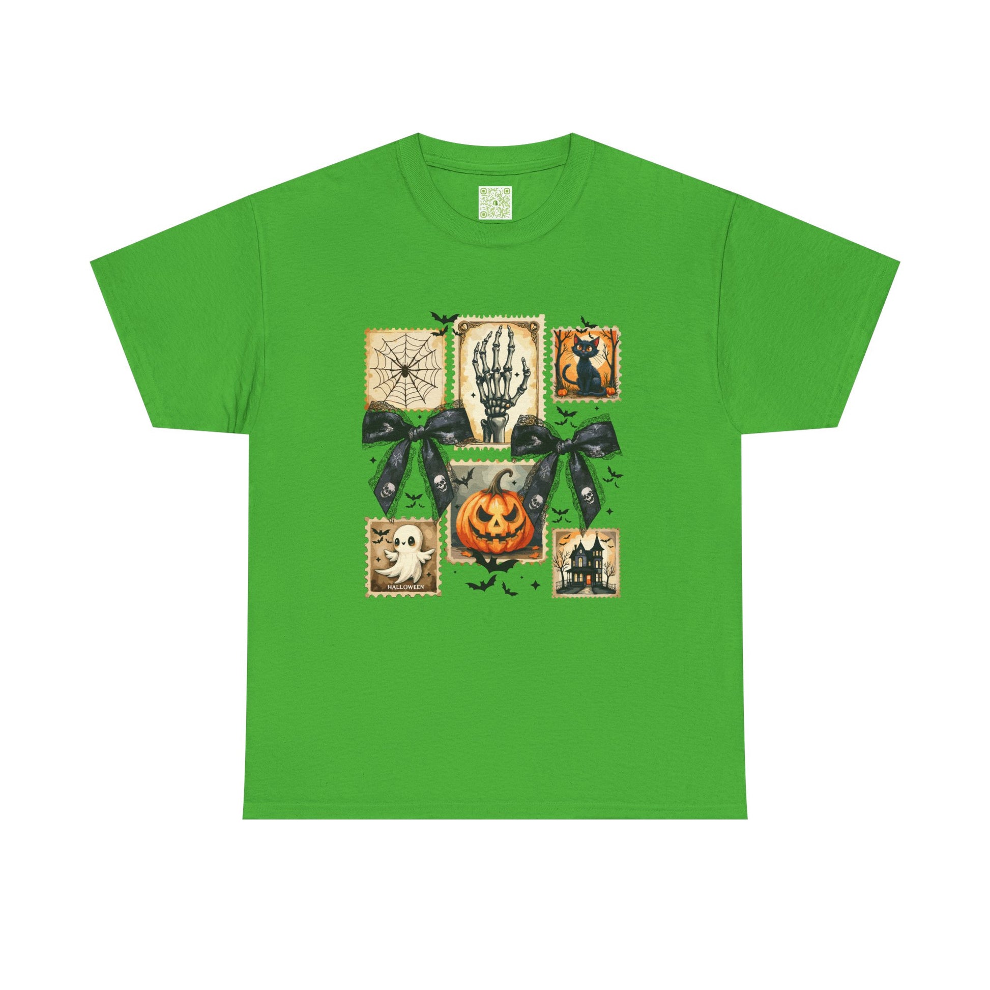 Halloween themed green shirt featuring pumpkin, skeleton, and ghost prints for a festive fall look.