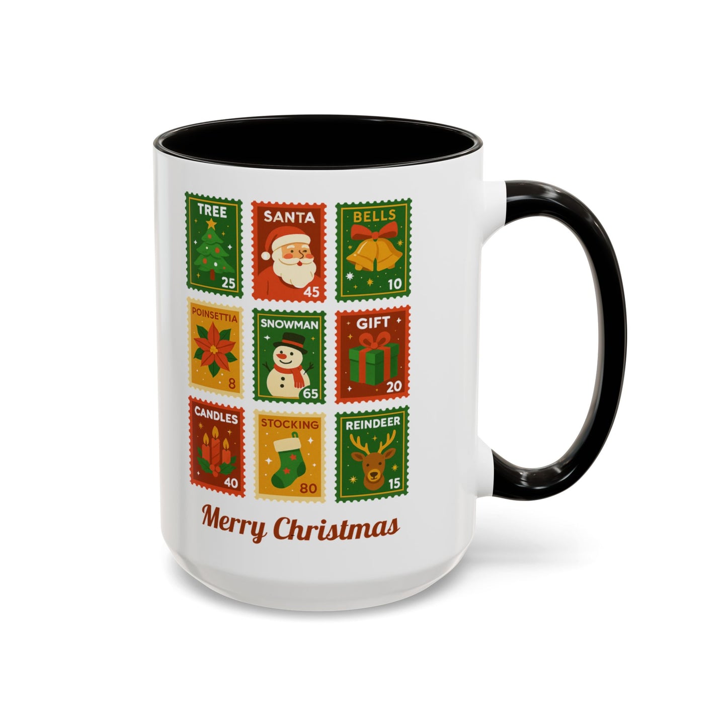Colorful Holiday Stamp Mug, Festive Mug, Hot Cocoa Mug, Gift for Her, Secret Santa Gift, Stamp Collector, Christmas Mug