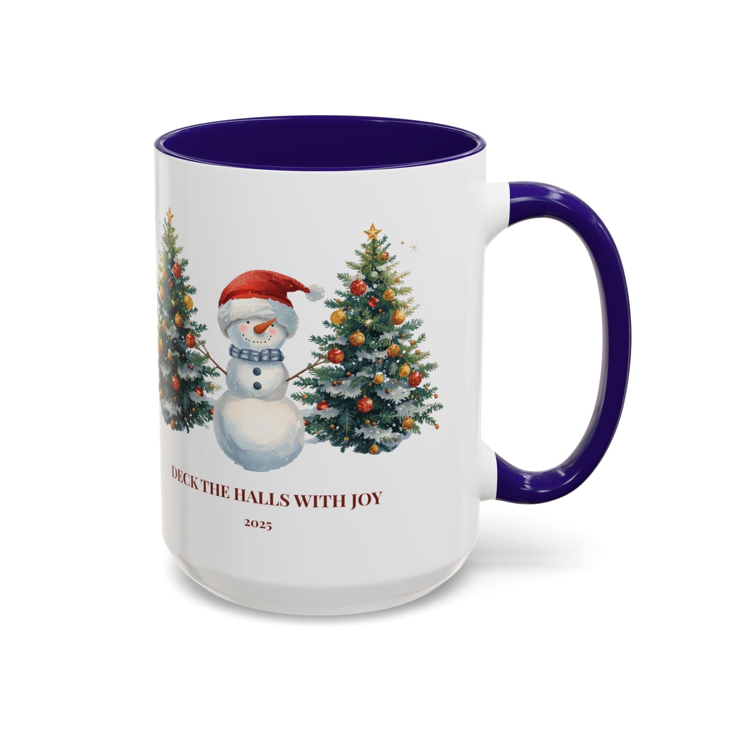 Festive snowman coffee mug featuring cheerful Christmas trees and a joyful holiday design.