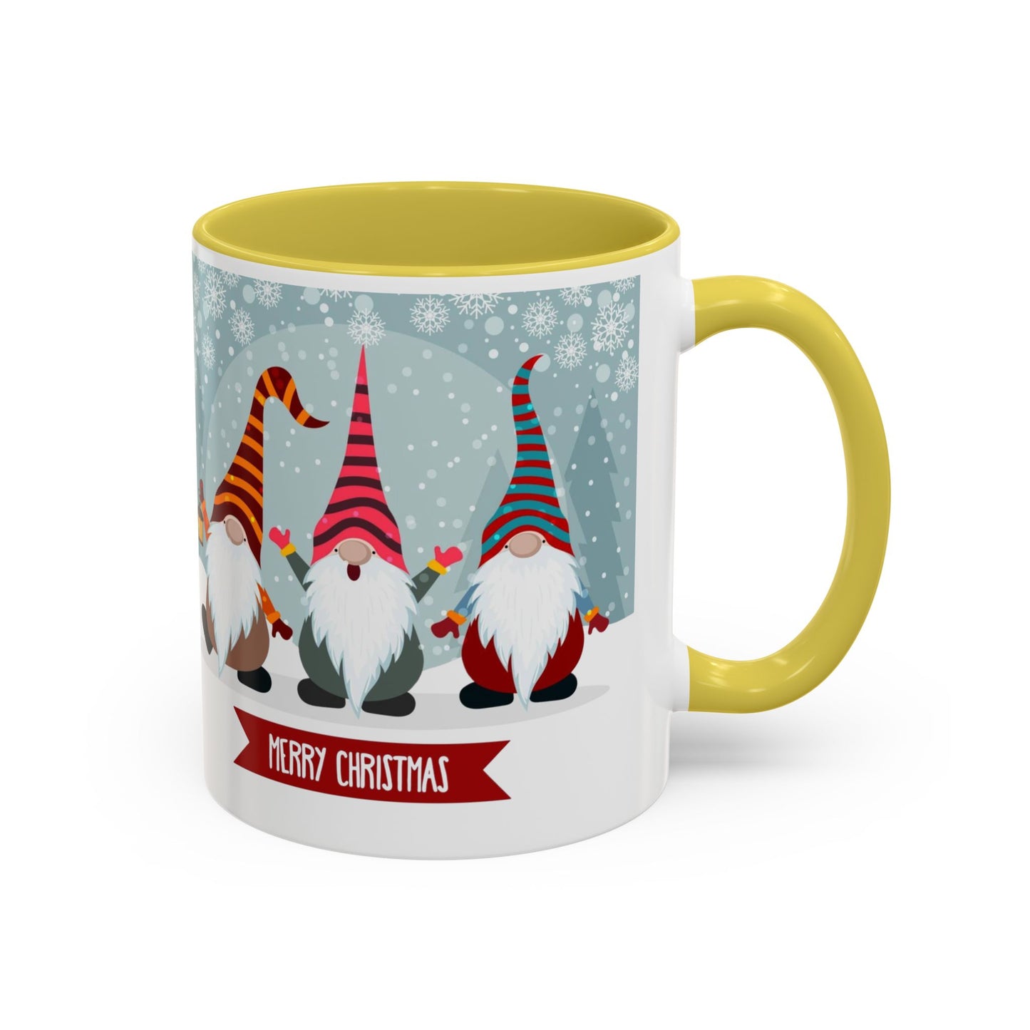 Merry Christmas gnome mug featuring colorful gnomes in festive hats, perfect for holiday coffee.