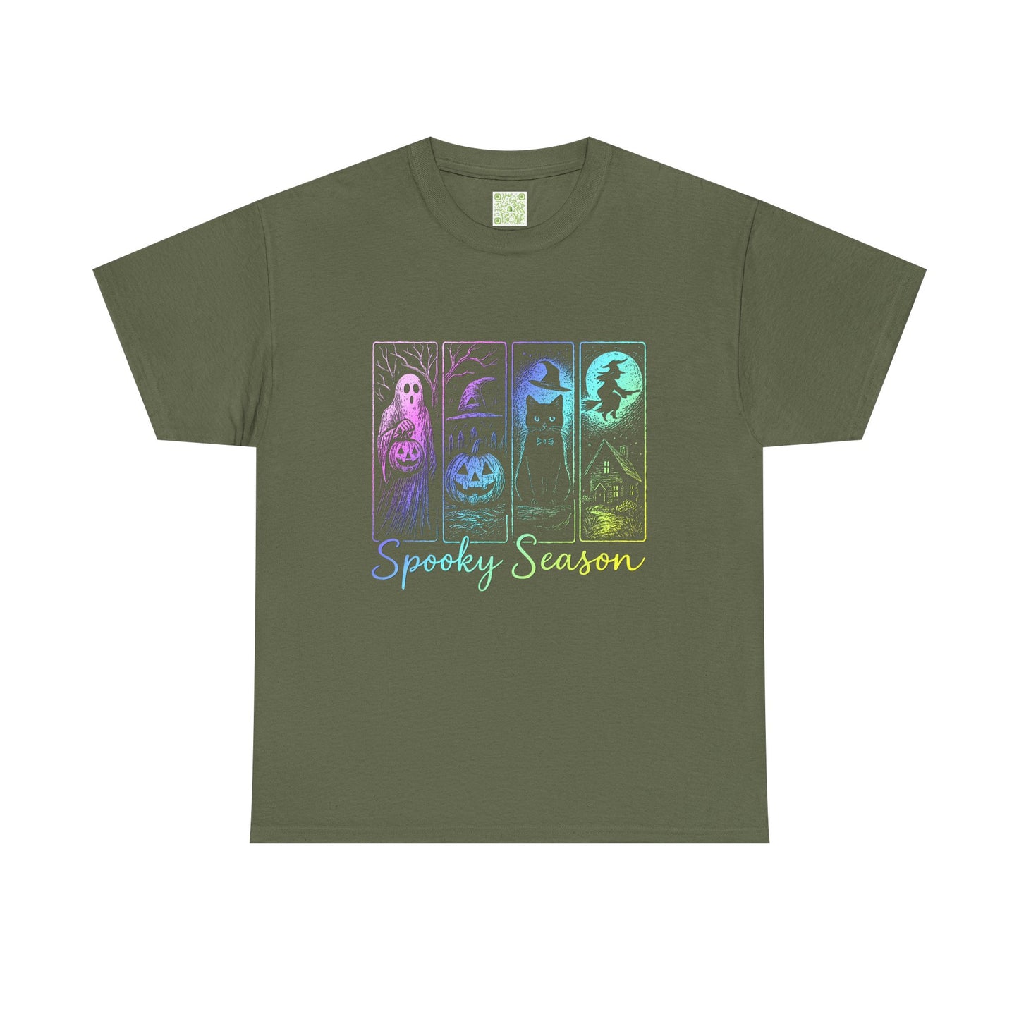 Spooky Season Halloween shirt with ghost, pumpkin, cat, and witch illustrations in vibrant colors.