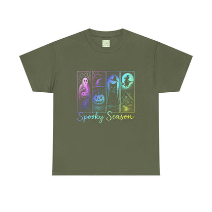 Spooky Season Halloween shirt with ghost, pumpkin, cat, and witch illustrations in vibrant colors.