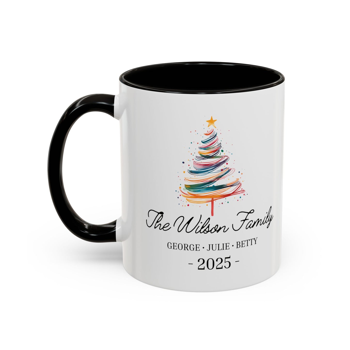 Personalized Family Christmas Mug, Custom Family Name Holiday Coffee Cup 2025, Colorful Christmas Tree Mug, Family Christmas Gift