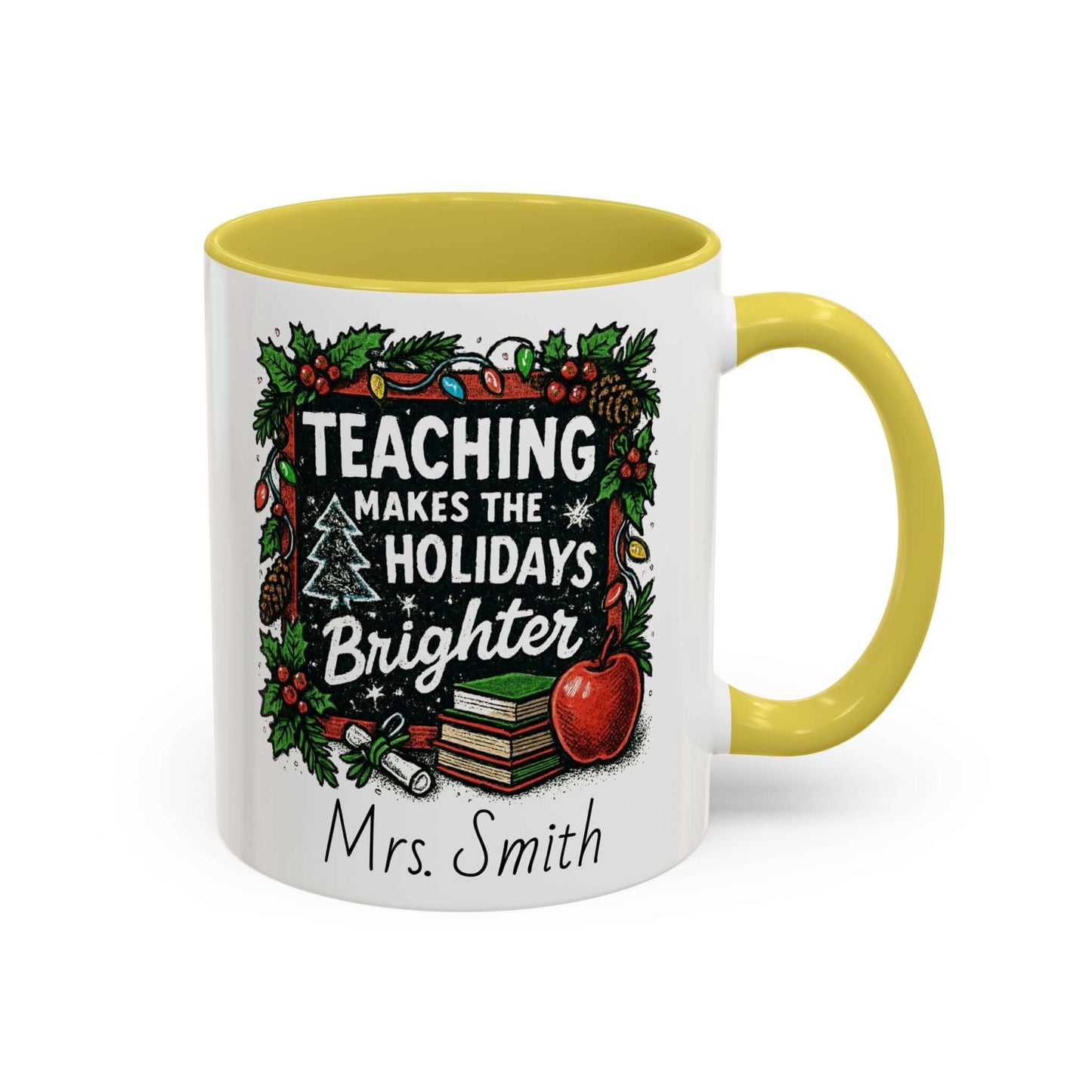 Personalized teacher holiday mug with festive design, marshmallows, and candy cane for a joyful gift.