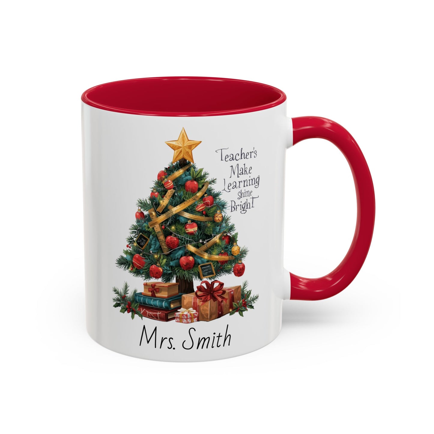 Personalized Christmas teacher mug with festive tree design, custom name, red handle, perfect holiday gift.