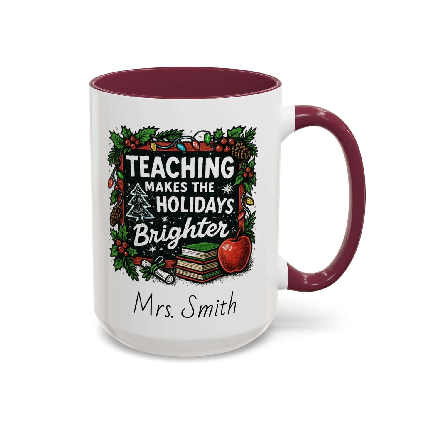 Personalized teacher holiday mug with festive design, marshmallows, and candy cane for a joyful gift.
