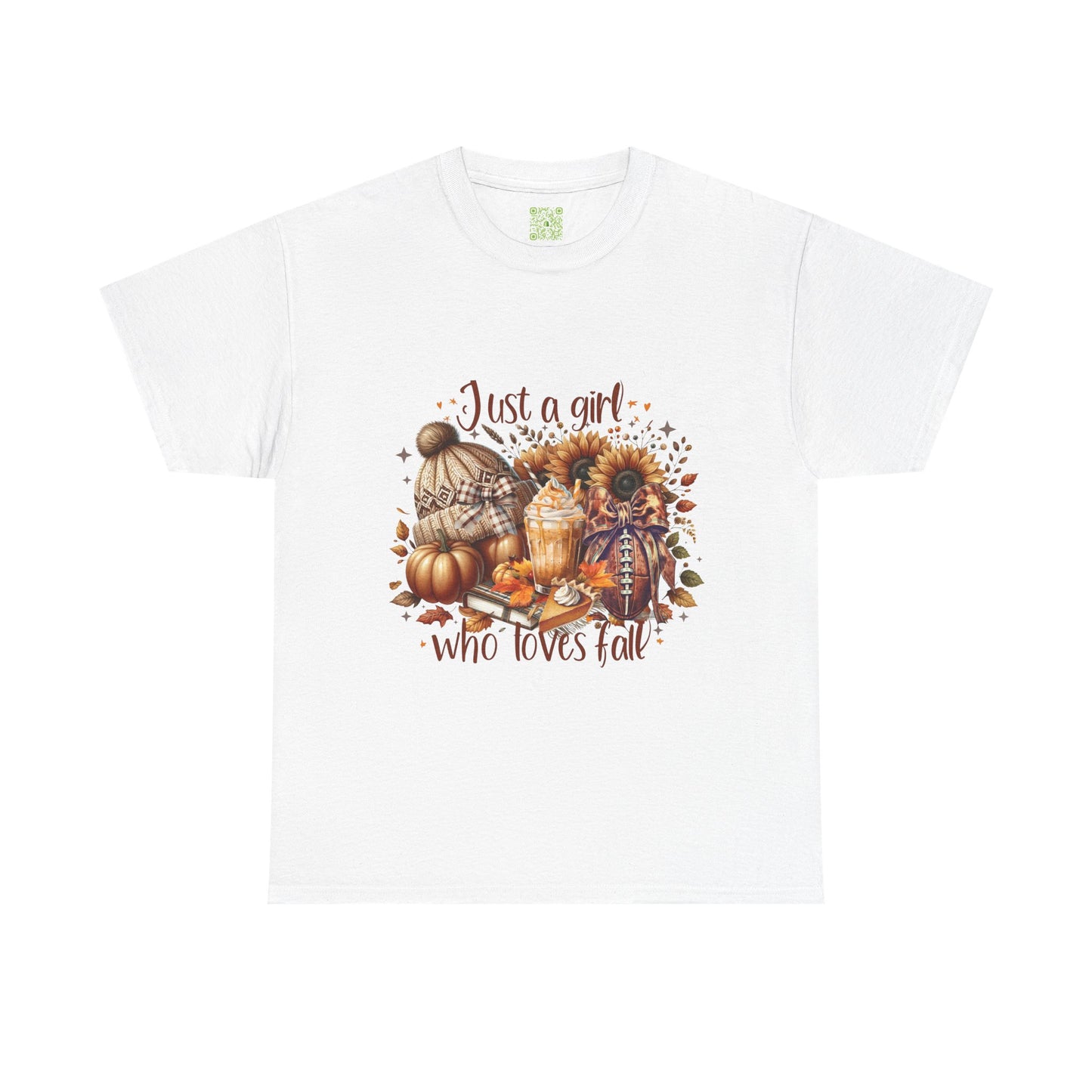  Fall-themed unisex tee featuring 'Just a Girl Who Loves Fall' design, perfect for autumn wear.