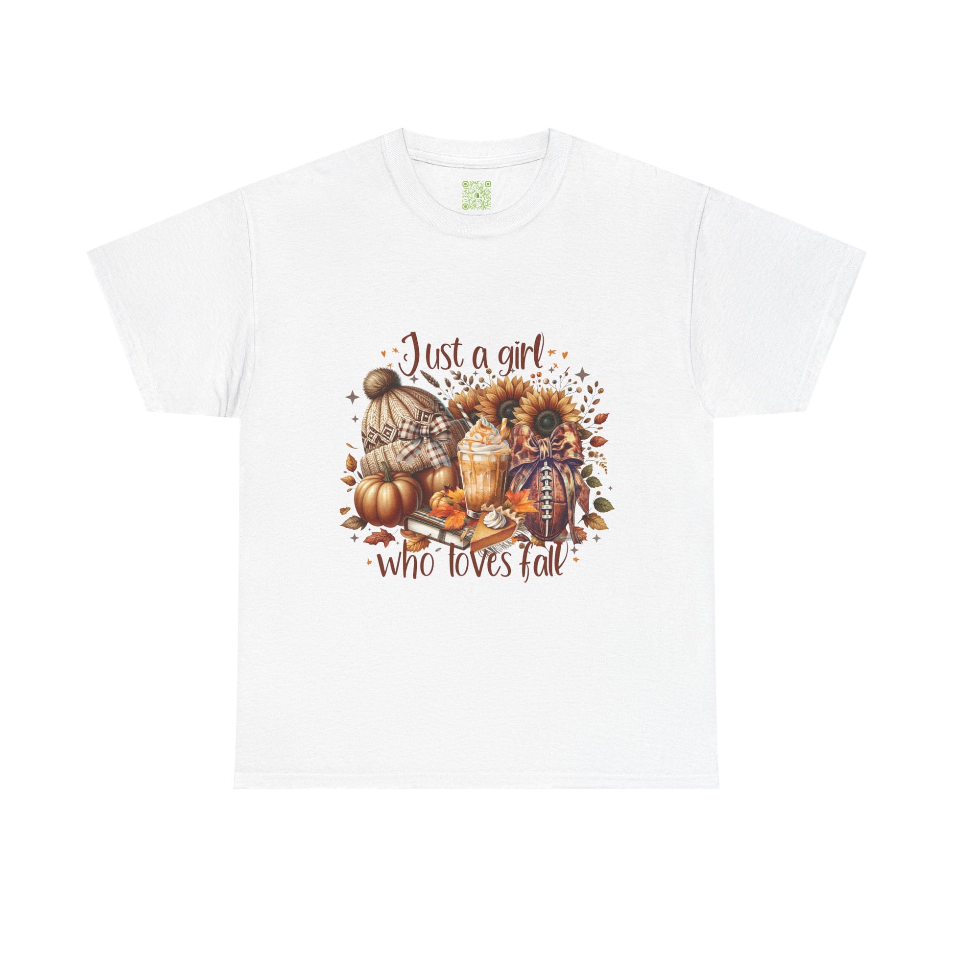 Fall-themed unisex tee featuring 'Just a Girl Who Loves Fall' design, perfect for autumn wear.