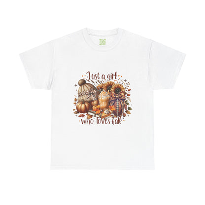  Fall-themed unisex tee featuring 'Just a Girl Who Loves Fall' design, perfect for autumn wear.
