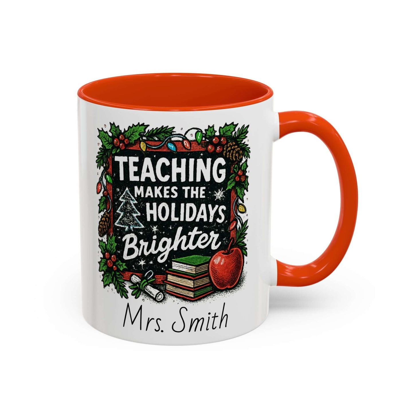 Personalized teacher holiday mug with festive design, marshmallows, and candy cane for a joyful gift.
