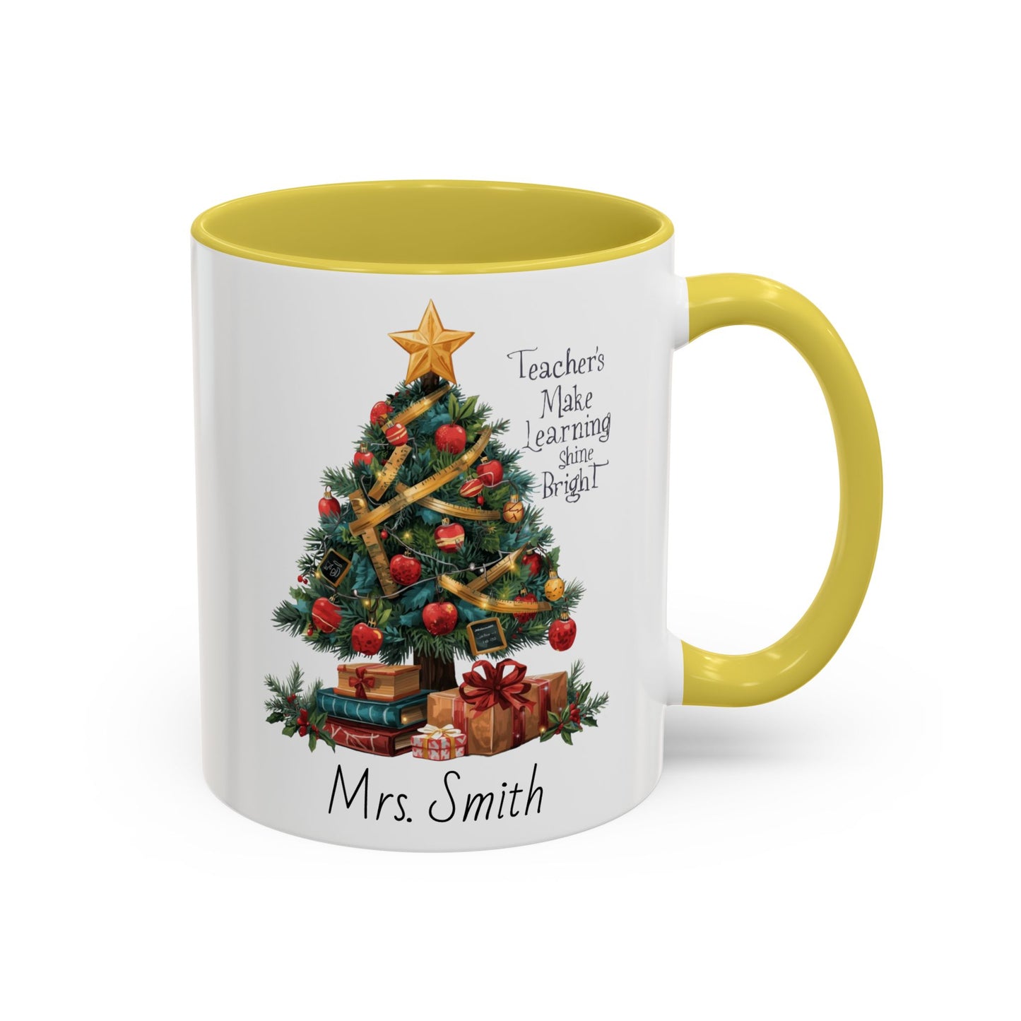 Personalized Christmas teacher mug with festive tree design, custom name, red handle, perfect holiday gift.