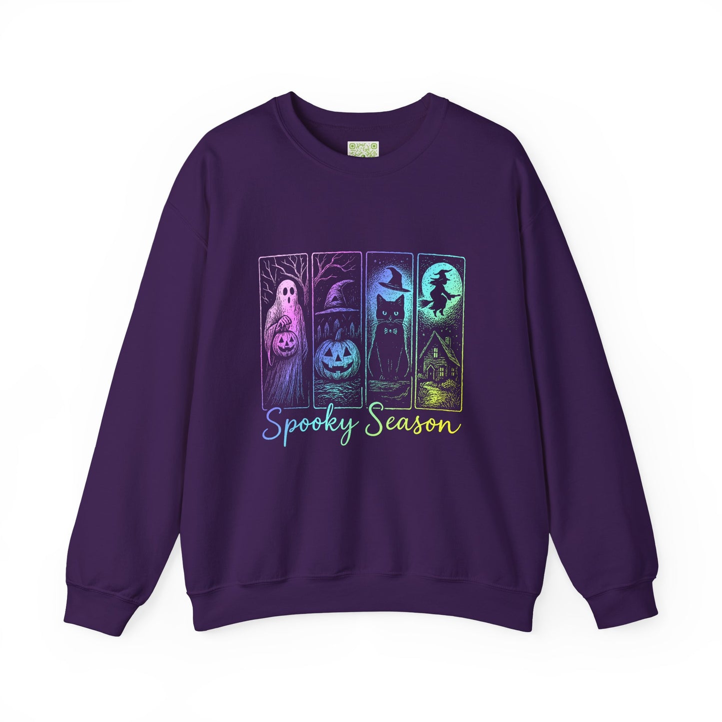 Spooky Season unisex sweatshirt with ghost, pumpkin, and witch designs, perfect for Halloween spirit and cozy comfort.