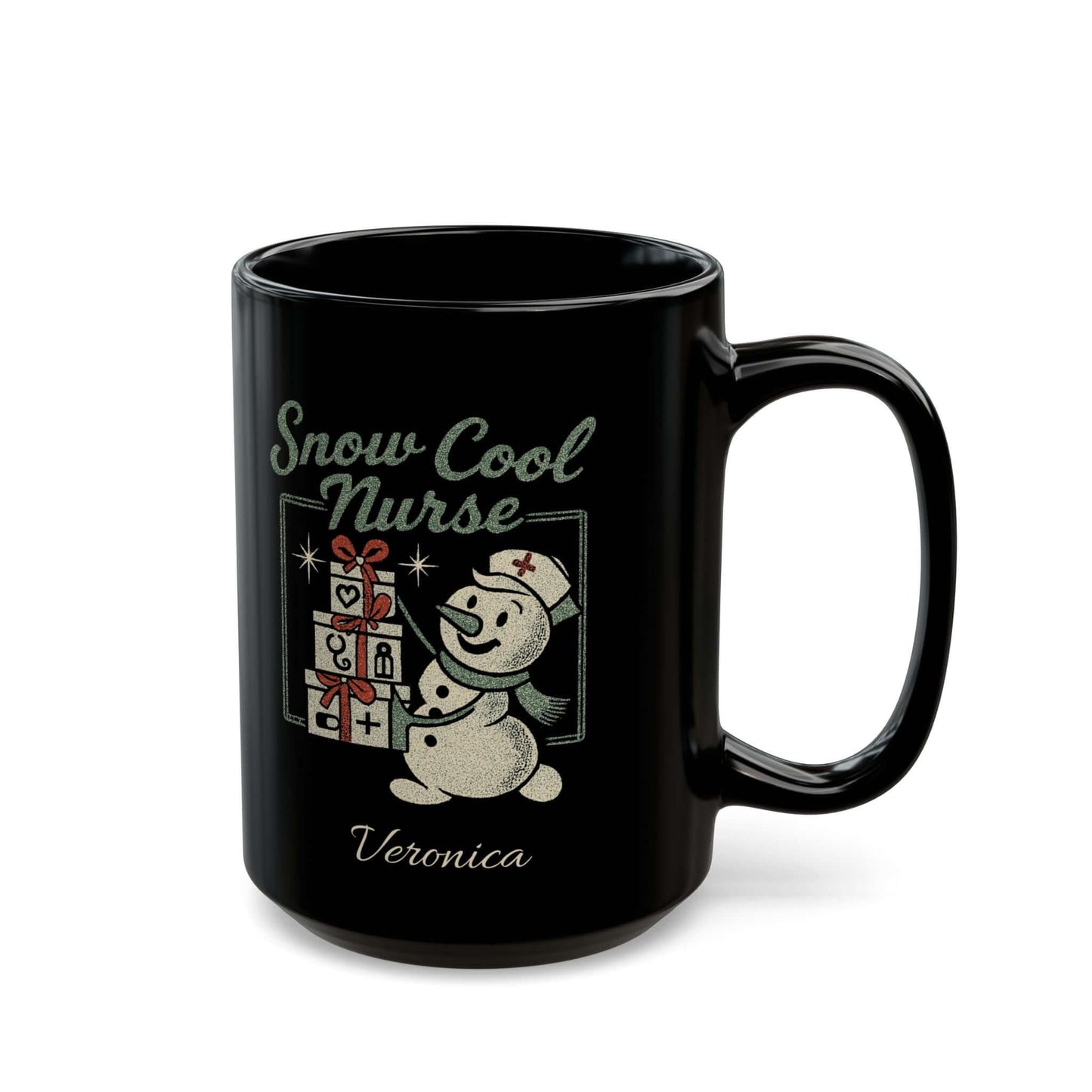 Customizable black mug featuring snowmen and the text 'Teachers Make the Season Shine' with holiday decorations.