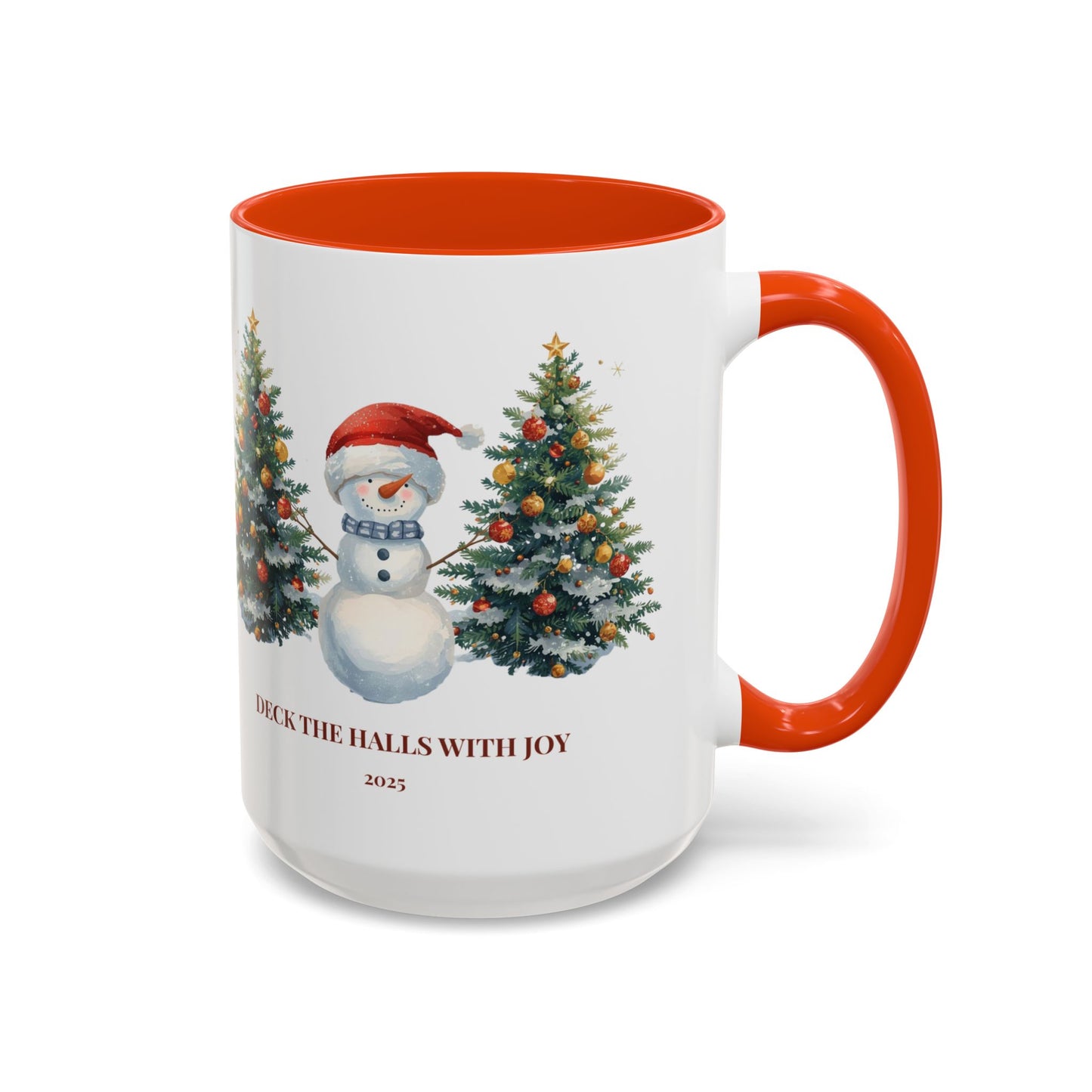 Festive snowman coffee mug featuring cheerful Christmas trees and a joyful holiday design.
