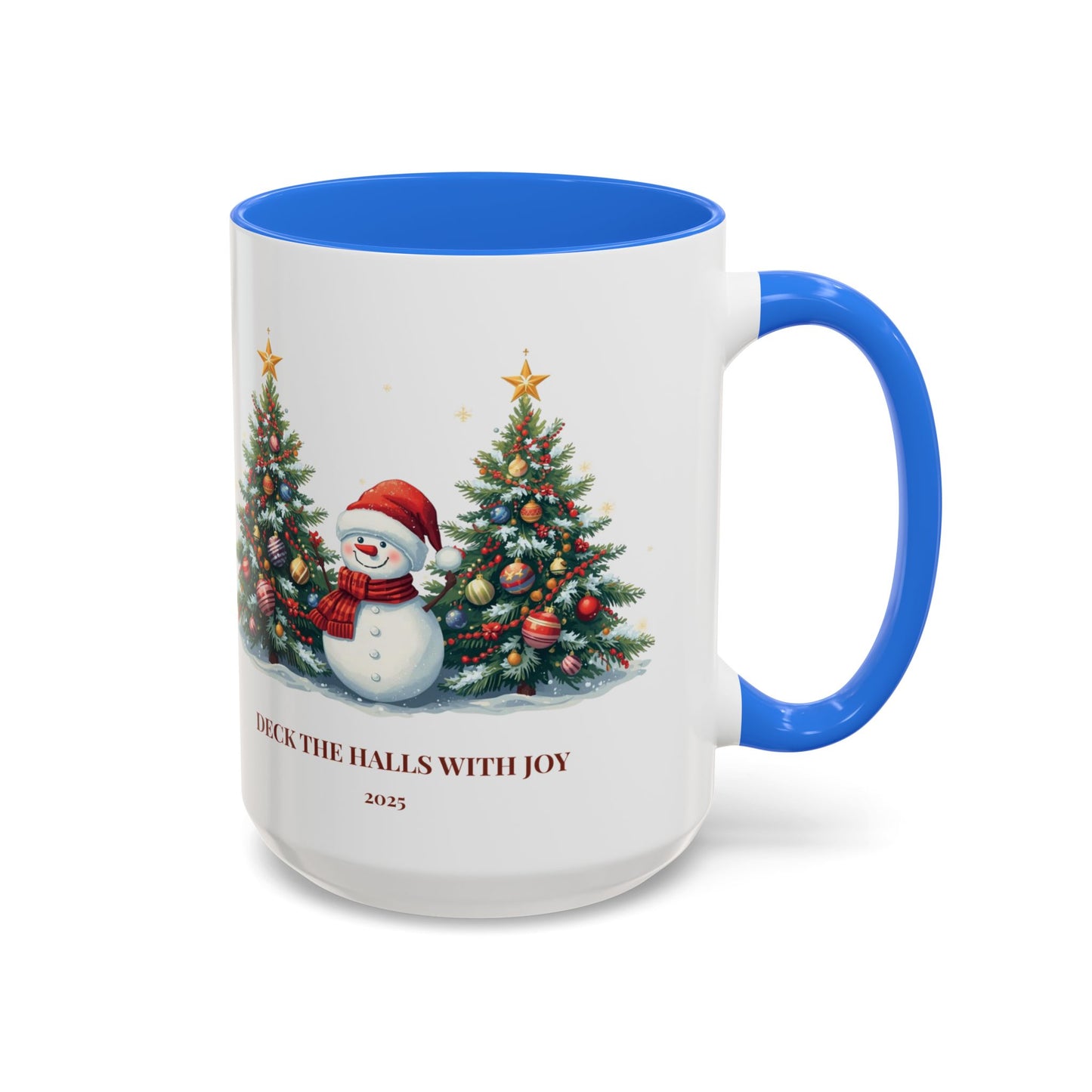 Christmas snowman mug with festive tree design, perfect for holiday drinks and cozy moments.