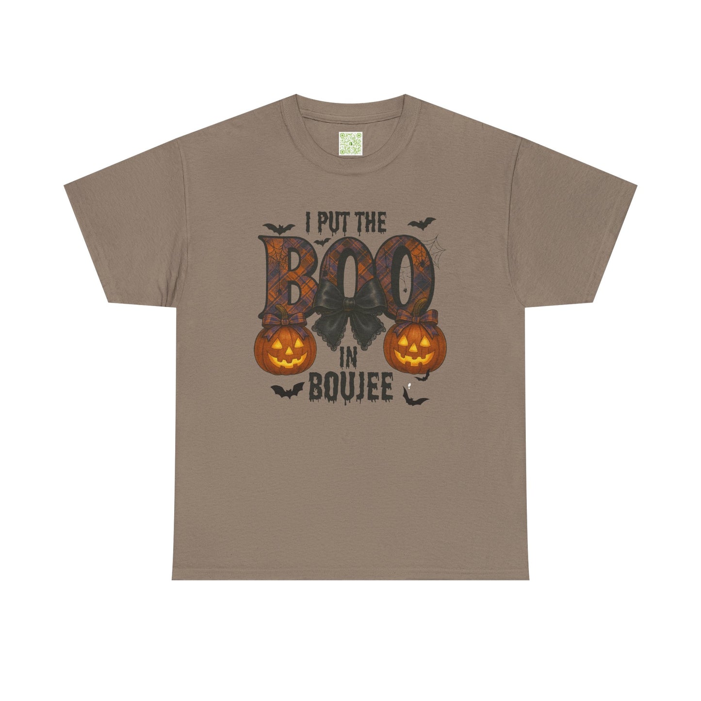 'Boo in Boujee' Halloween shirt in Texas Orange, showcasing a spooky graphic design and relaxed fit.