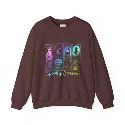 Spooky Season sweatshirt featuring ghost, pumpkin, cat, witch design; perfect cozy Halloween apparel for unisex.