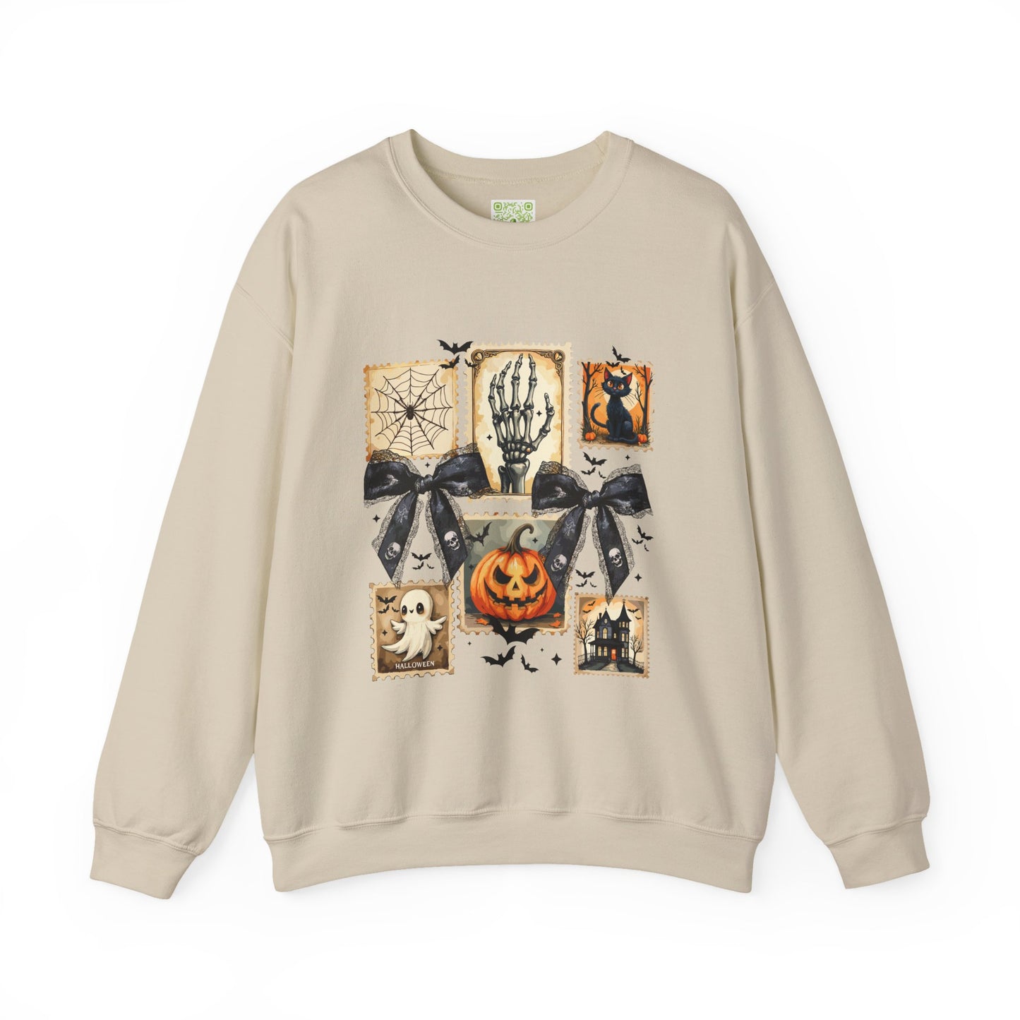 Halloween themed sweatshirt featuring skeleton, pumpkin, ghost and cat prints, perfect for cozy fall style.