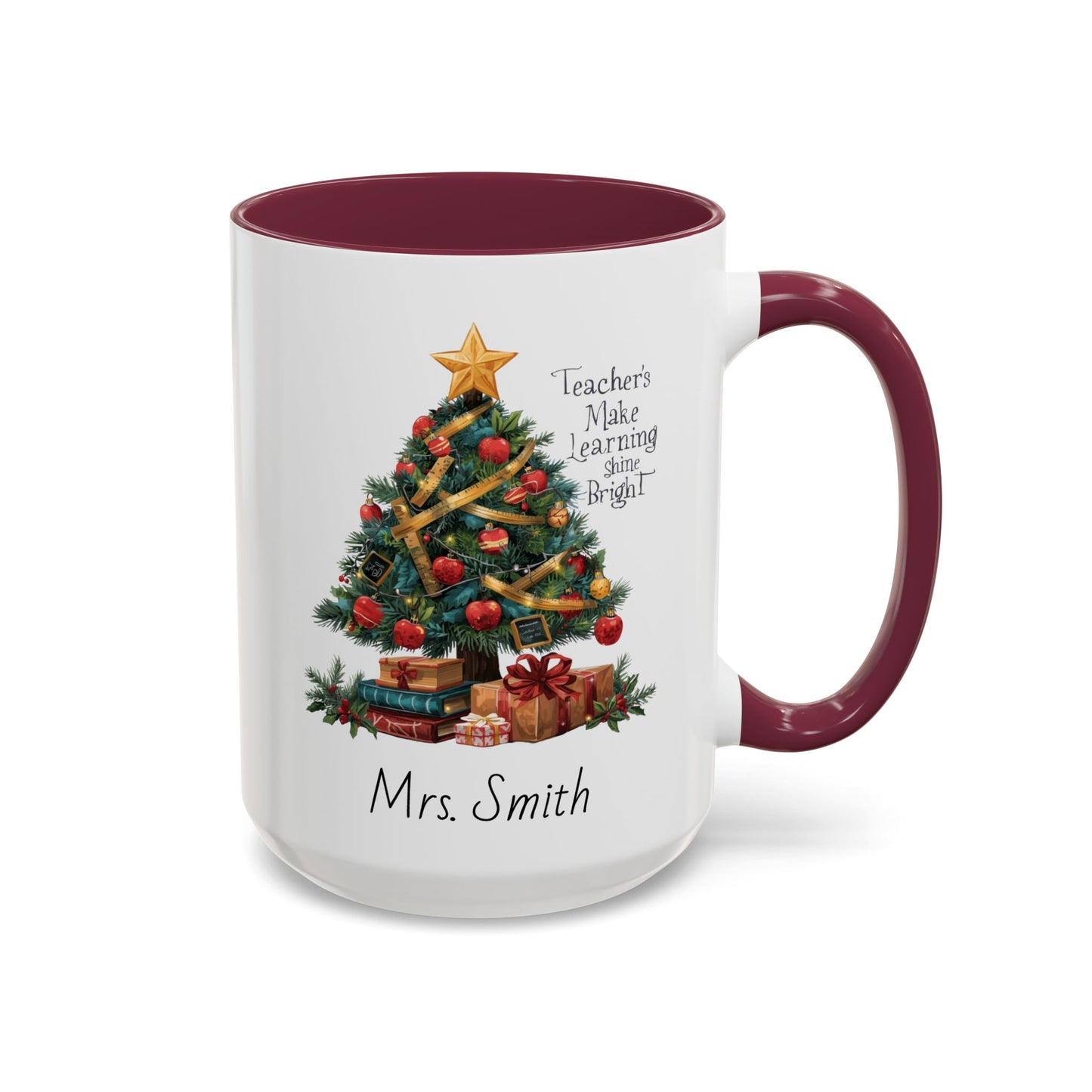 Personalized Christmas teacher mug with festive tree design, custom name, red handle, perfect holiday gift.