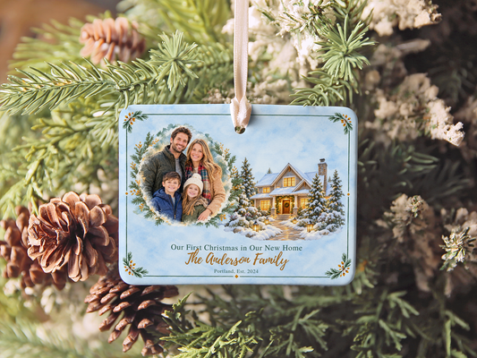 DESIGN A - Watercolor House new home Christmas ornament with family photo beside a snowy blue house