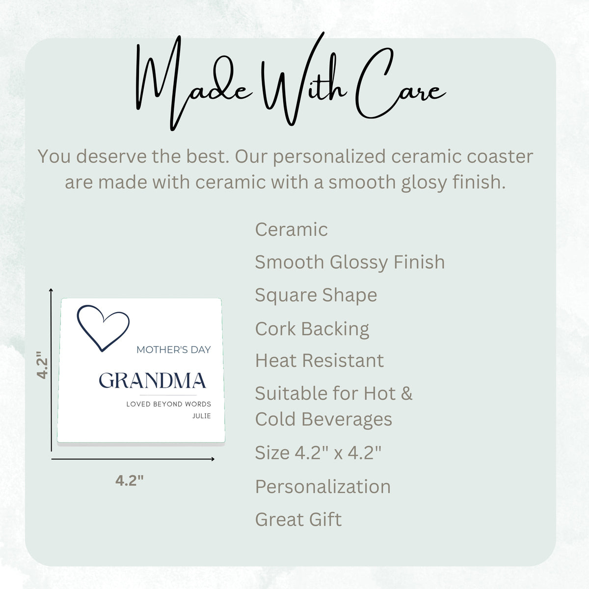 Loved Beyond Words Heart ceramic coaster size guide, 4.2 x 4.2 inch square, glossy finish, cork backing