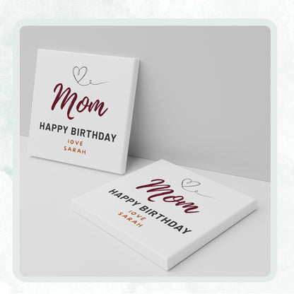 DESIGN D - Script Mom Birthday Heart personalized ceramic coaster, two coasters shown standing and lying flat
