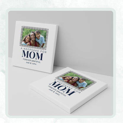 DESIGN E - A Keepsake for Mom Frame personalized ceramic coaster, two coasters shown standing and lying flat